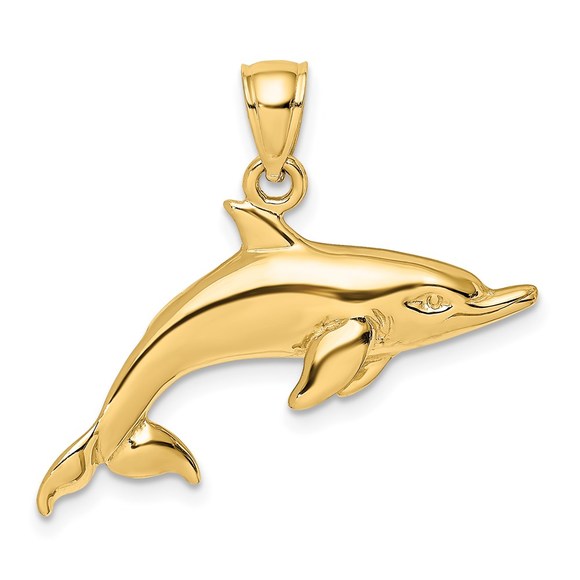 14k Yellow Gold Polished Swimming Dolphin Nautical Necklace Charm Pendant - Picture 1 of 4